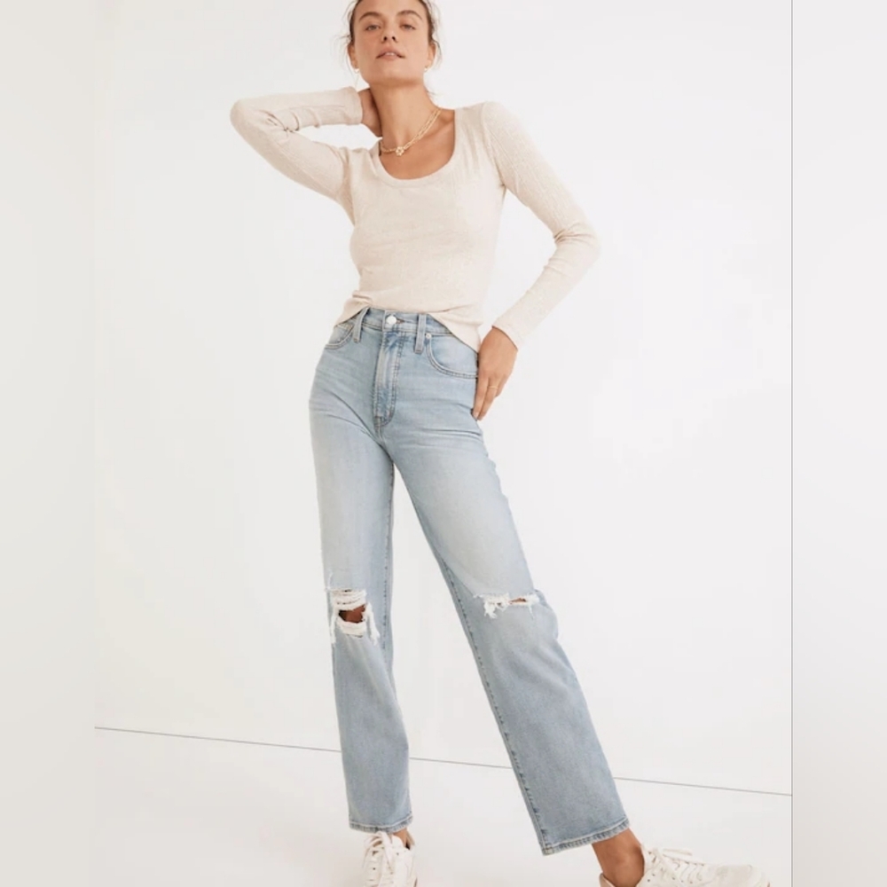 Madewell Light Wash Curvy Perfect Vintage Straight  Knee Rip Wide Leg Jeans 20W
